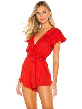 Lovers + Friends Red V-Neck Tie-Waist Gateway Romper XS